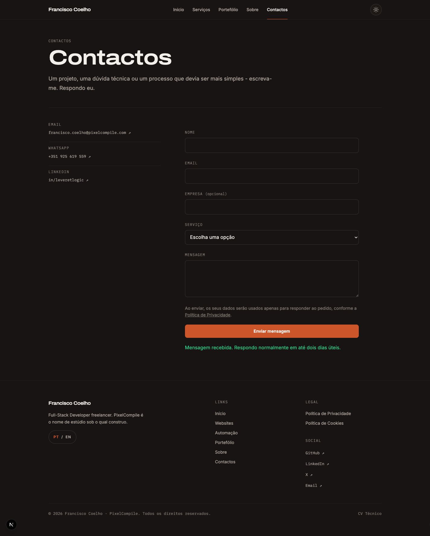 Formulário de contacto da Pixel Compile após uma submissão local bem-sucedida